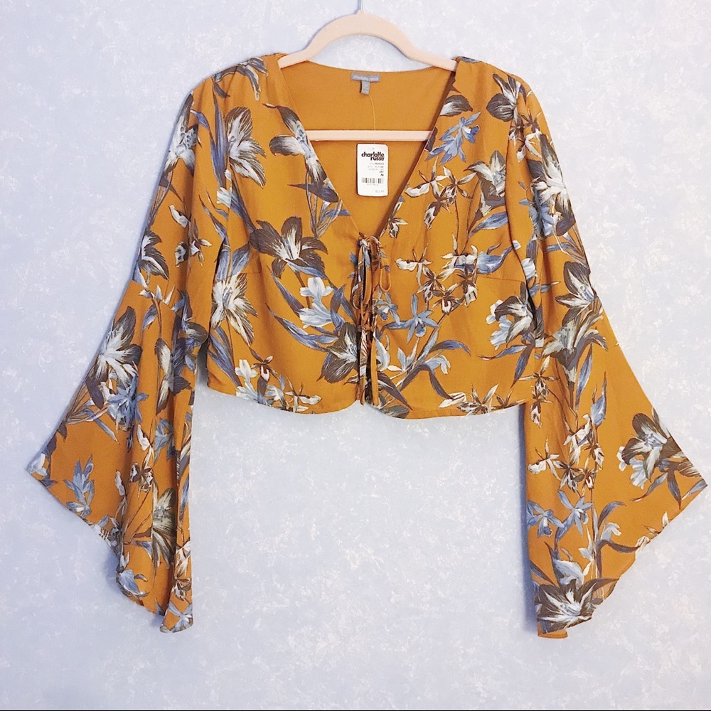 NWT Yellow Floral Lace Up Crop Top